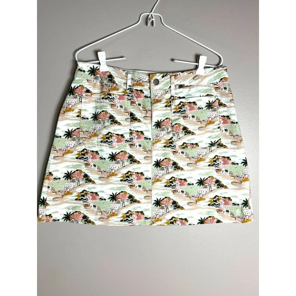 Boden Women 10P Mediterranean‎ Scenic Print Denim Mini Skirt Multi Color Cotton